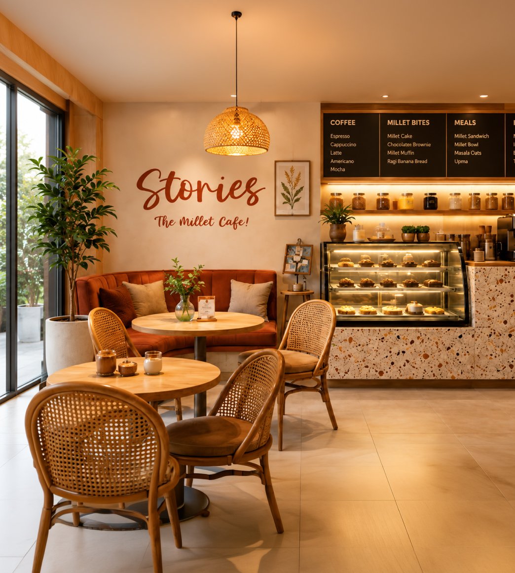 A warm Stories cafe interior at golden hour with timber tables and a counter