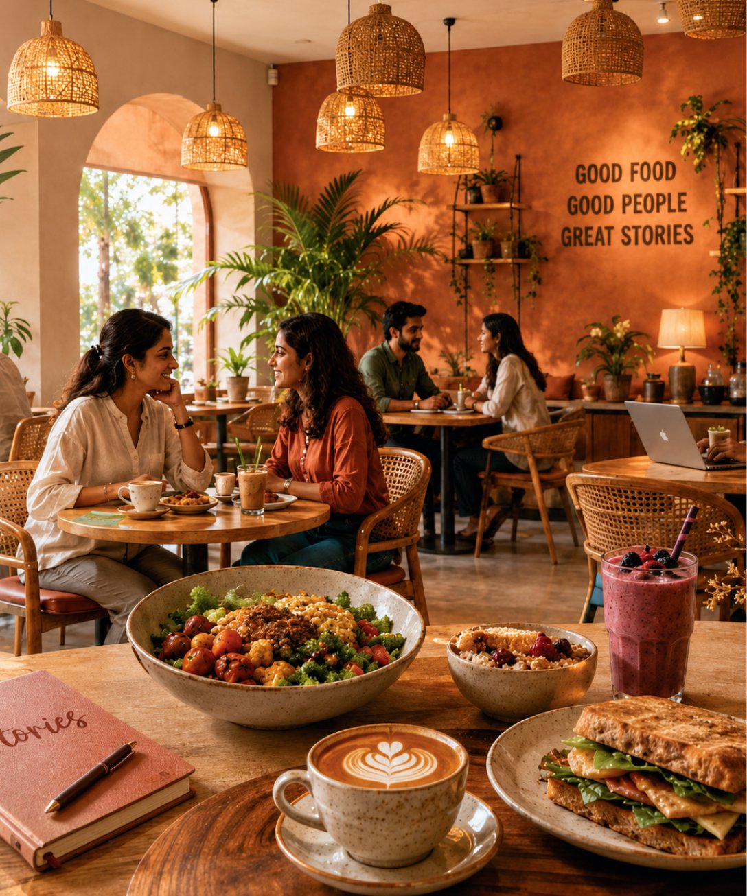 Friends sharing food at a Stories cafe table