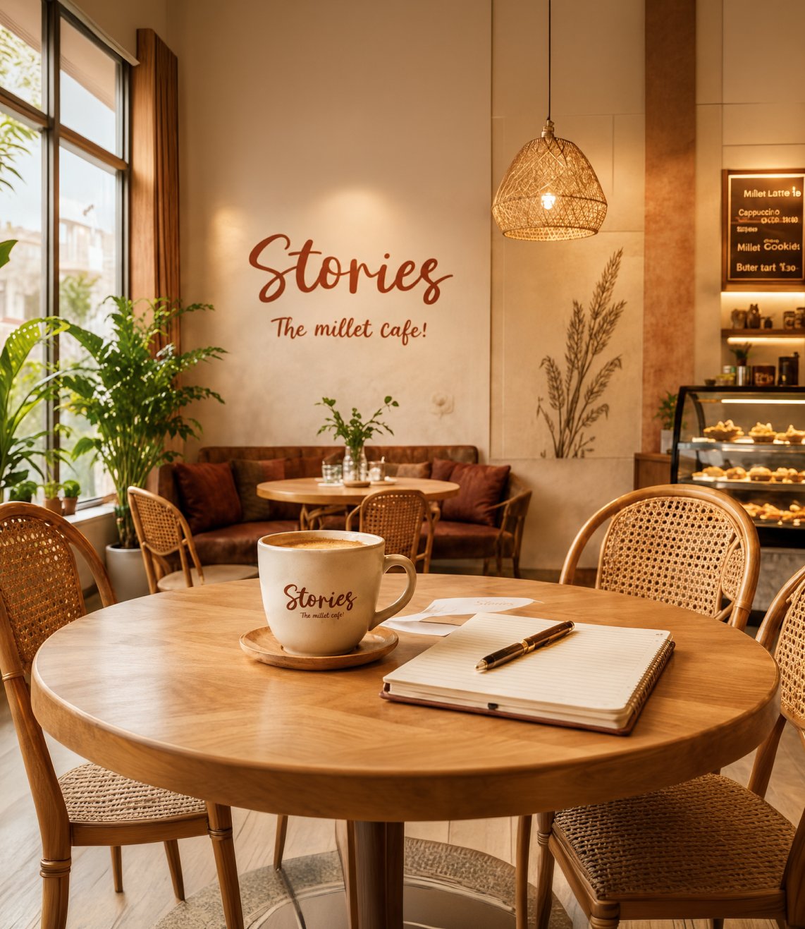 Wide cafe interior with warm lighting